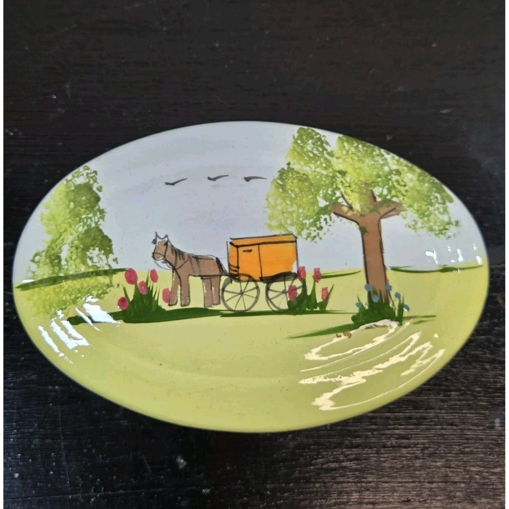 Vintage Handpainted Signed Linda Davis 1983 Oval Trinket Dish Country Style‎